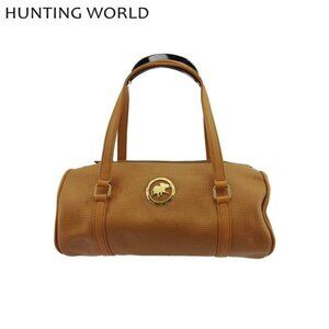 HUNTING WORLD Handbag Logo Plate Beige Leather Authentic Used C4538